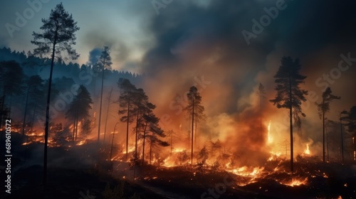 Forest fire in the mountains  Wildfire at night time on the mountain with big smoke