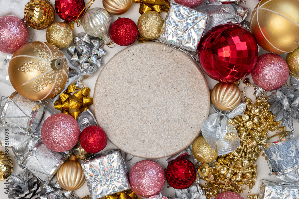 Podium with Christmas Decorations. Top View Empty Round Form Pedestal Display for Product Presentation. Xmas Ornaments Background Rotation. New Year Scene Showcase Backdrop. Shiny Bauble, Balls, Bulbs