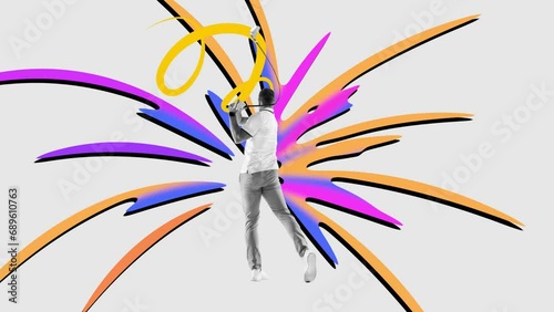 Man, golf player in a white shirt taking a swing over multicolored background. Sports club. Stop motion, animation. Concept of professional sport, competition and match, dynamics. Poster, ad photo