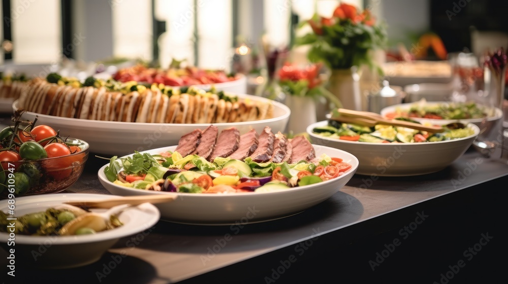 Brunch Buffet with Food Meat Vegetables, Buffet Catering Dining Food Celebration Party. Brunch Buffet with Food Meat Vegetables, Buffet Catering Dining Food Celebration Party.