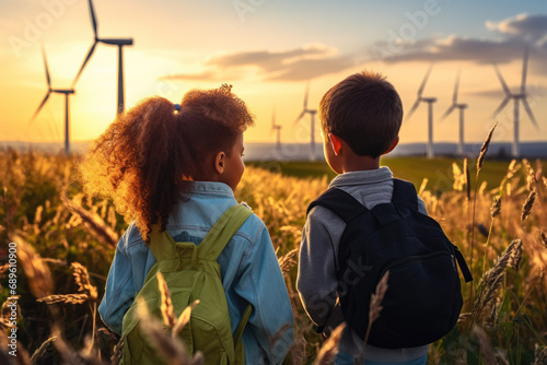 Kids in a Wind Farm and windmills at Sunset.