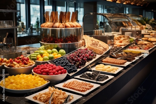 selection of food at breakfast buffet restaurant at hotel closeup photo