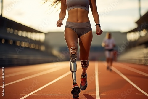 Disabled athlete woman with prosthetic legs is run on race in a track. © visoot
