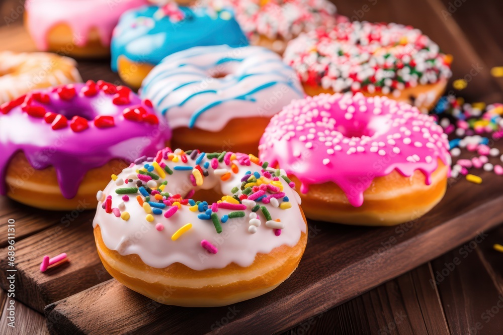 donuts with colorful icing and sprinkles