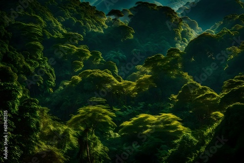 Green forest in sunlight with forest stream