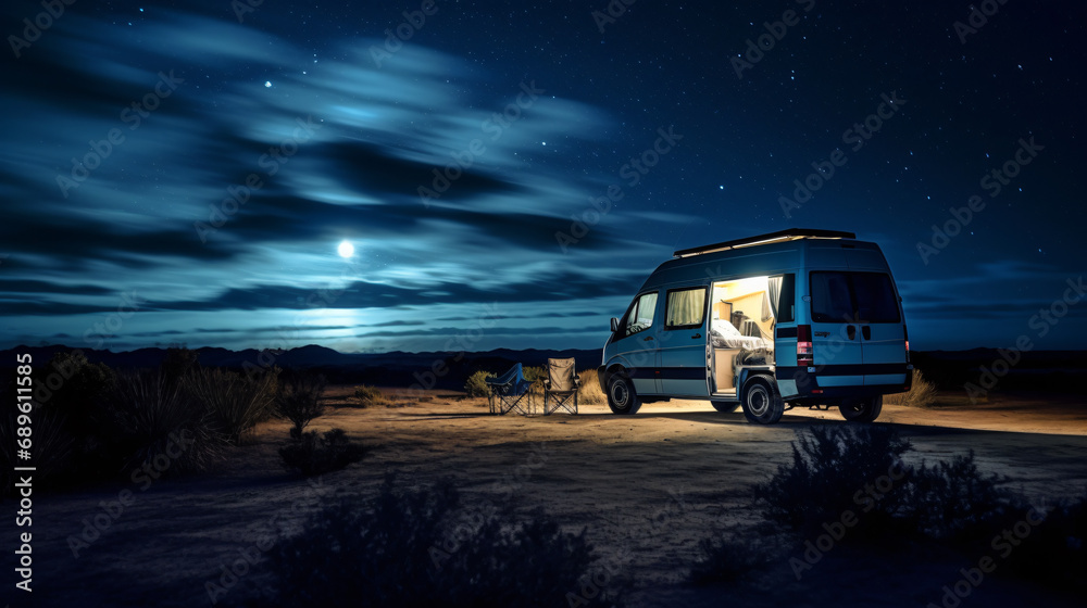 Van car under stars during midnight
