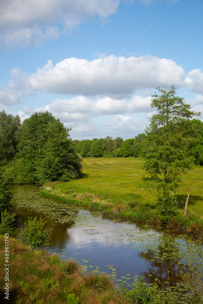 Restored landscape around Dutch river Ruiten Aa; Sellingen, Groningen, Netherlands