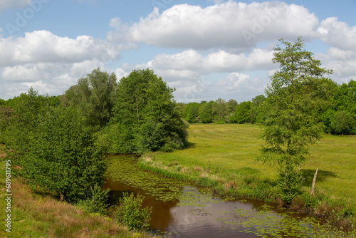 Restored landscape around Dutch river Ruiten Aa; Sellingen, Groningen, Netherlands