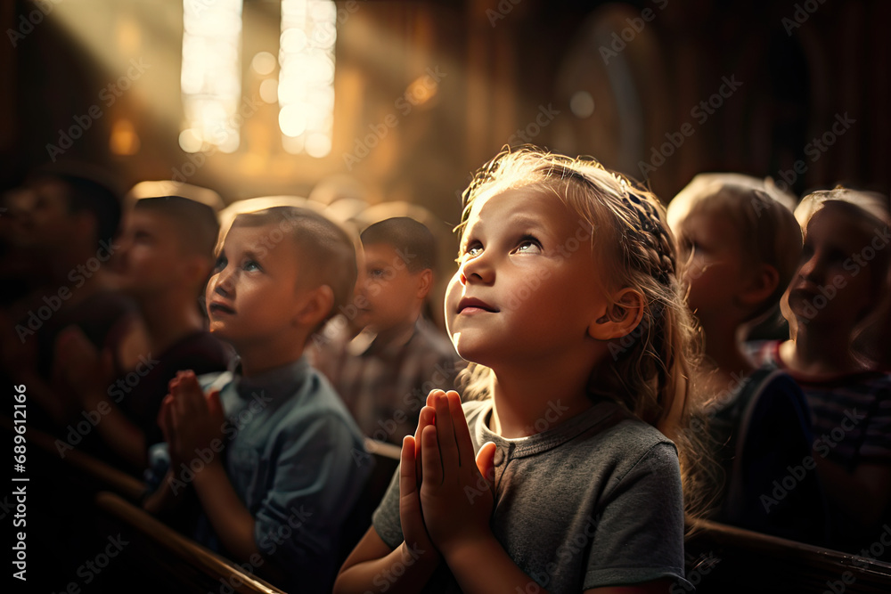 kids pray to god and jesus in the church - obrazy, fototapety, plakaty 