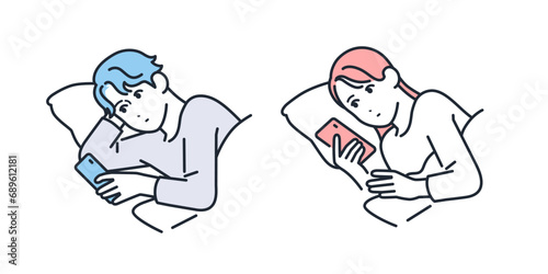寝ながらスマートフォンを見る若い男女のシンプルなベクターイラストセット素材