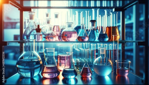 Medical Laboratory Shelf with Glass Containers and Colored Liquids
