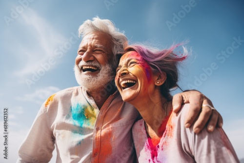  Indian ethnic senior couple celebrating Holi festival with colours in the outdoor