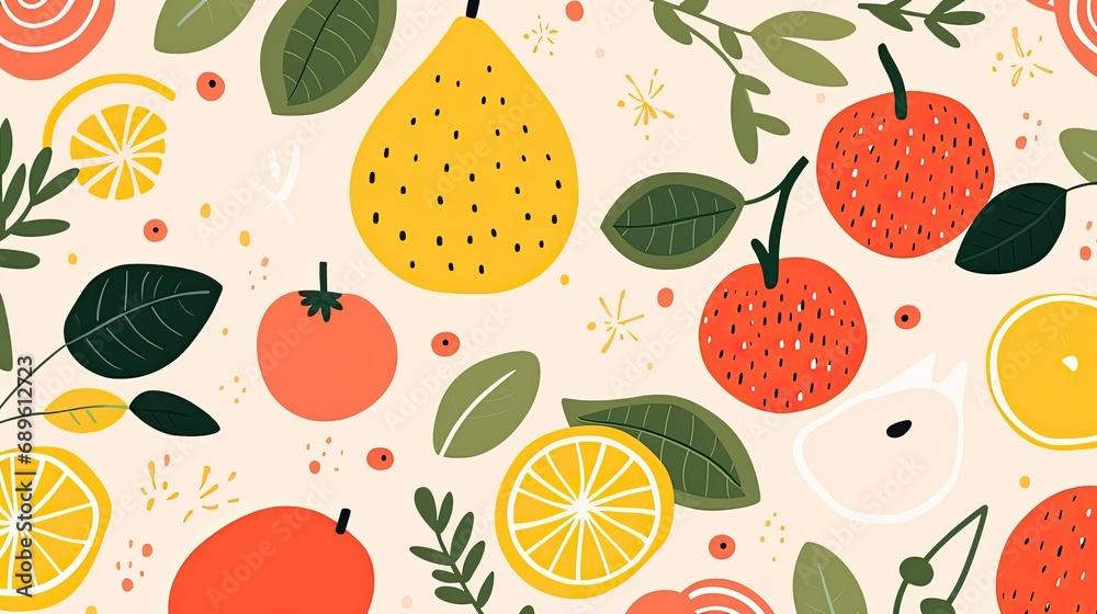 Abstract fruit plant leaf simple shape, minimal botanic eco agriculture concept. Nature illustration fruits background.