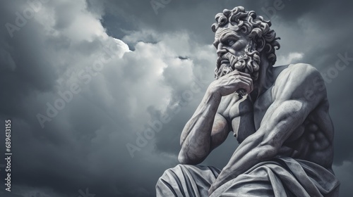 muscular statue of a greek philosopher on a cloudy background photo