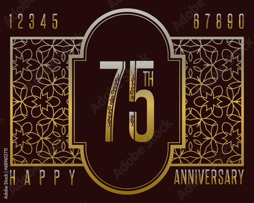 Anniversary greeting card in exquisite style. Golden numbers, vintage frame and Happy Anniversary inscription in set for designer.