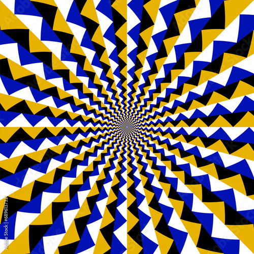 Optical illusion circular pattern of zigzag golden white and blue black stripes. Vibrating background design for visual meditation