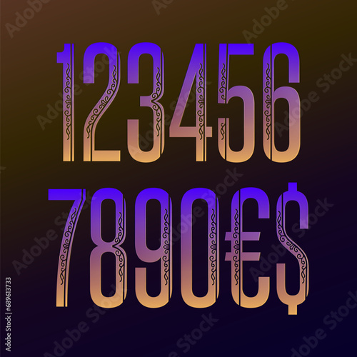 Stylish patterned numbers and currency signs. Typography style for price tag design.