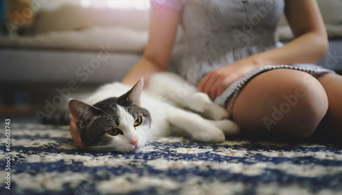 Young girl in mini skirt having a good time lounging with her cat on the carpet at home. no face. high quality photo