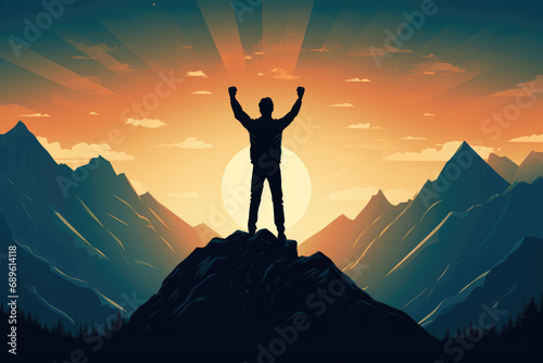 silhouette of man raising arms on top mountain. Victory and success background