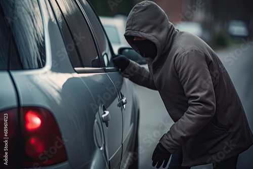 thief wearing a hoodie and dark clothes breaking into a parked car to steal it