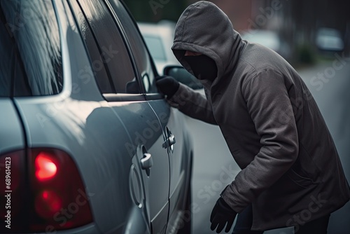 thief wearing a hoodie and dark clothes breaking into a parked car to steal it photo