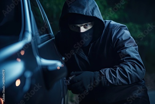 thief wearing a hoodie and dark clothes breaking into a parked car to steal it photo