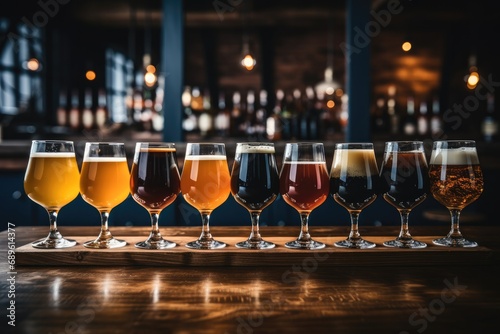 Different sorts of craft beer in glasses on wooden bar.