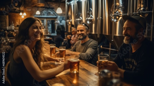 Group of people tasting beer, Friends enjoying a fine beer at a local brewery. photo