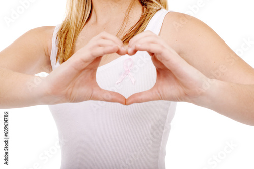 Studio, breast cancer ribbon or person heart hands, awareness campaign or survivor support. Emoji care icon, boobs health sign and closeup model love for chest disease recognition on white background