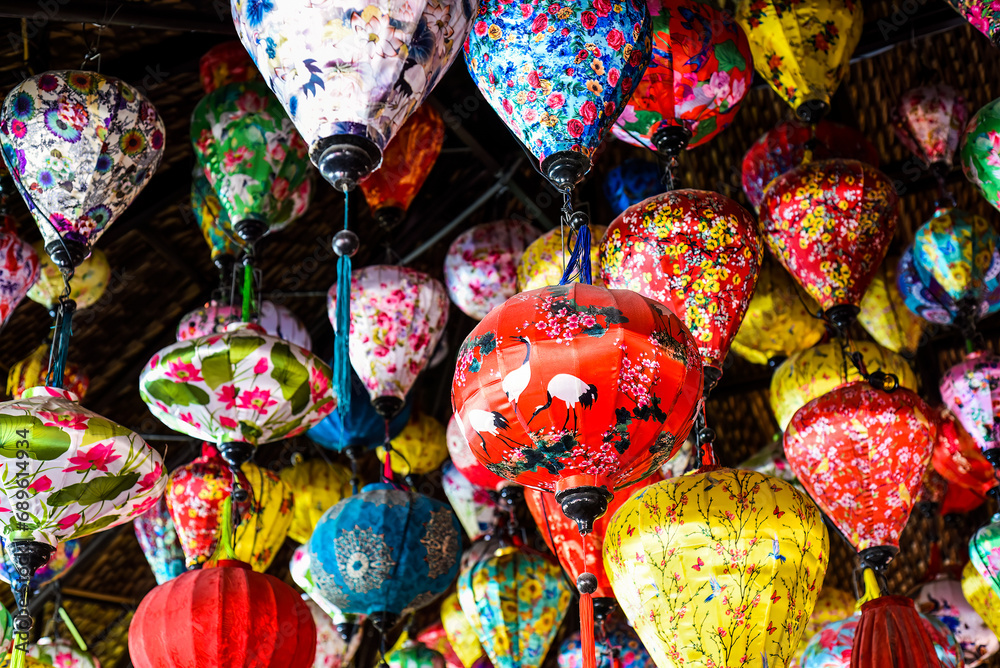 Many colorful lanterns hanging in Vietnam for Tet Lunar New Year