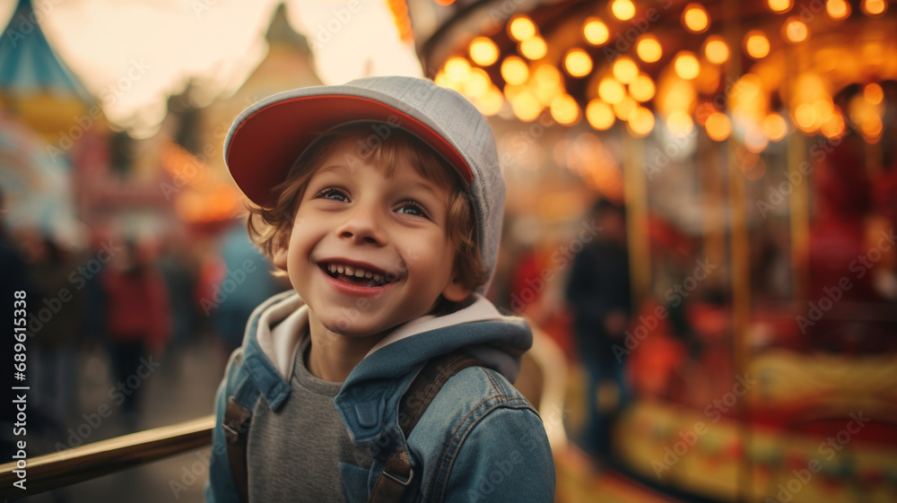Obraz premium a child on a visit to a crowded theme park