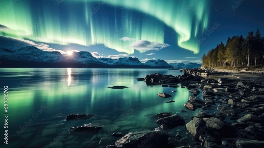 Amazing landscape with aurora borealis over lake.