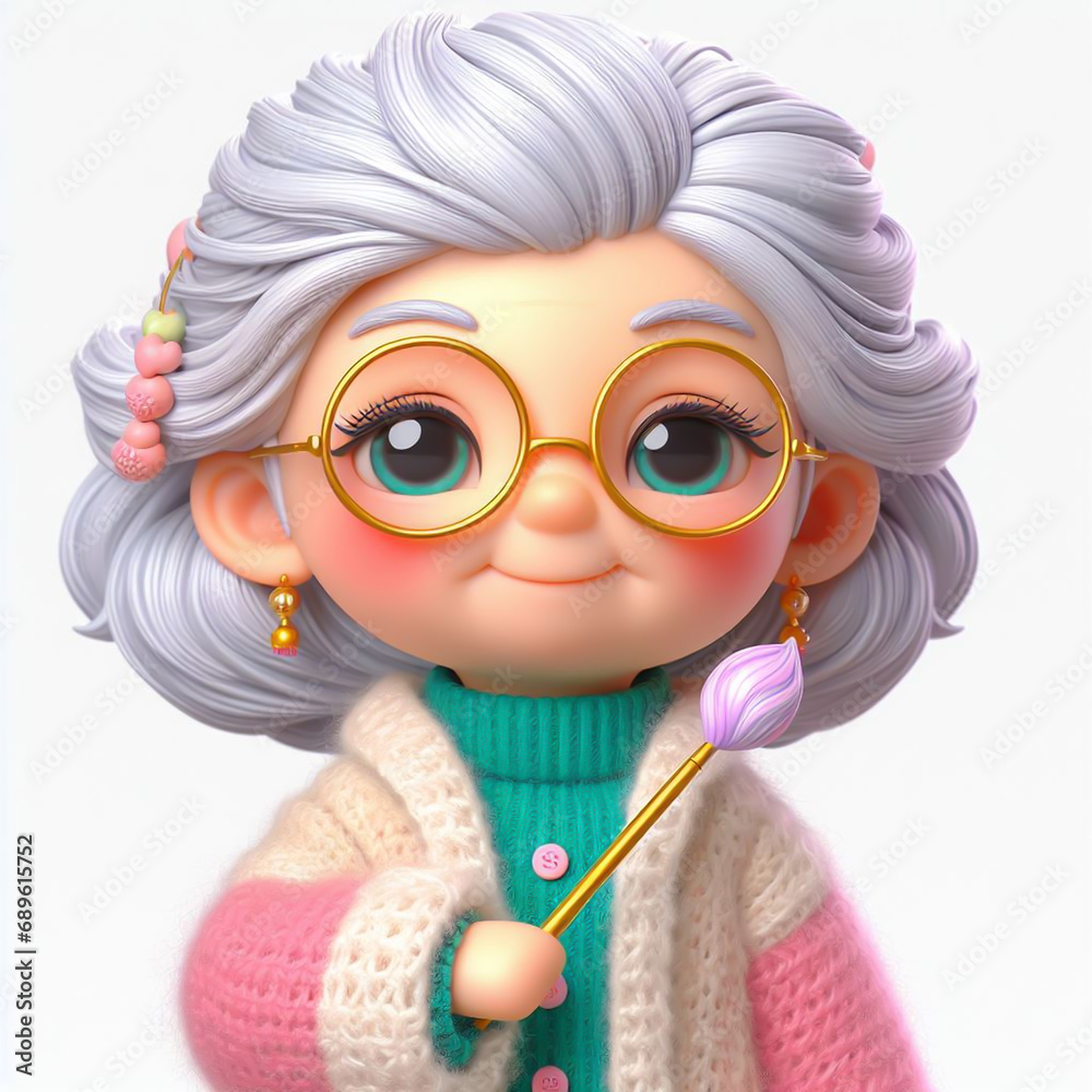 Funny old lady with glasses, in soft colors, for children's invitation cards or other purposes. Toys. AI generated