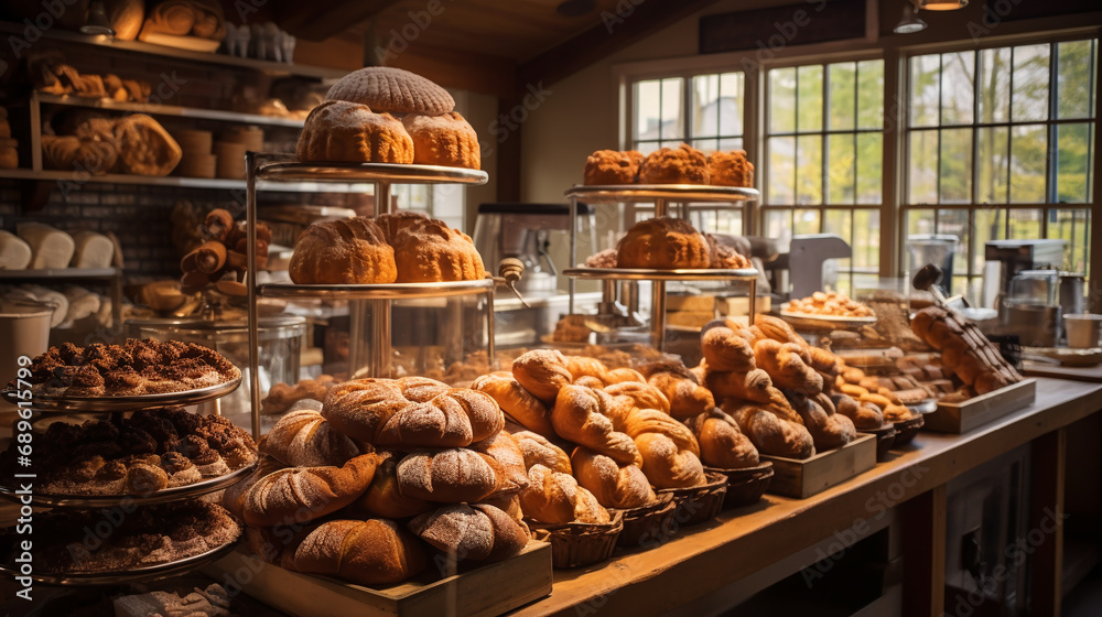 Modern bakery with different kinds of bread, cakes and buns. - obrazy, fototapety, plakaty 