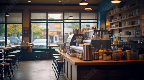 Local coffee shop interior. Cozy small cafe photo