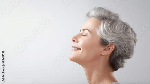 side view of a middle aged woman on white background