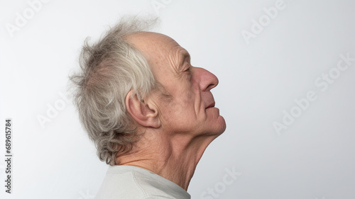 side view of a middle aged man on white background
