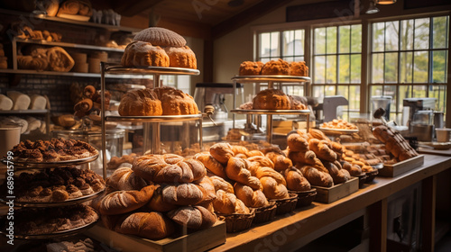 Modern bakery with different kinds of bread, cakes and buns.