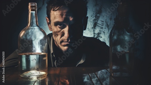 A somber depiction of alcohol addiction, showcasing a person struggling with alcoholic tendencies, symbolizing the distressing issue of drinking problems in society. photo