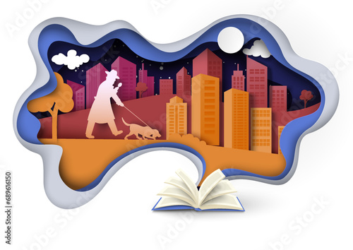 Detective book papercut design with investigator and dog