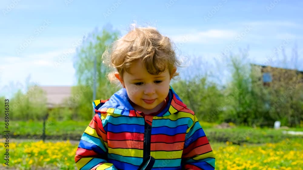 A child looks with a magnifying glass at dandelion flowers. Selective focus. A child looks with a magnifying glass at dandelion flowers. Selective focus.