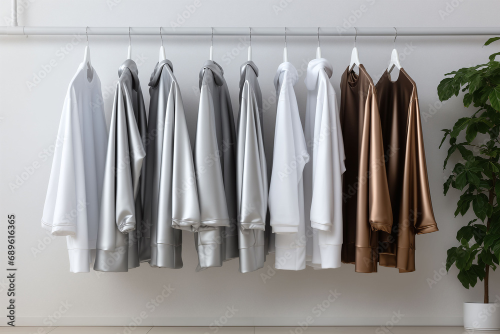 Metallic textile trendy hoodies hanging on a rack. A rack with stylish hoodies next to a white wall in the room. Clothing retails concept. Advertise, sale, fashion.