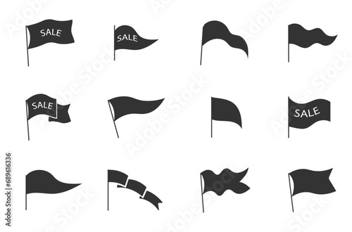 Ribbon flag in vintage style, hand drawn design element, text. Old school flag banners with text sale. Vintage waving flags, ripped banner and grunge flag symbol. Vector illustration.