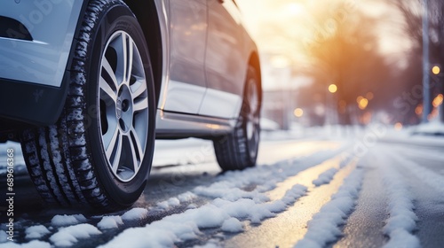 A closeup photo showcasing the intricate tread pattern of a winter tire, emphasizing the specialized design for enhanced grip and safety while driving on snowy and icy roads during winter conditions.
