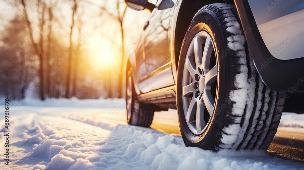 A closeup photo showcasing the intricate tread pattern of a winter tire, emphasizing the specialized design for enhanced grip and safety while driving on snowy and icy roads during winter conditions.