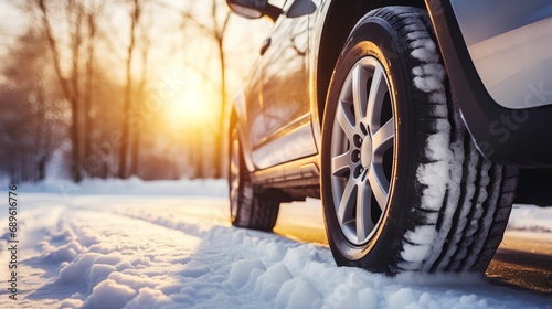 A closeup photo showcasing the intricate tread pattern of a winter tire, emphasizing the specialized design for enhanced grip and safety while driving on snowy and icy roads during winter conditions. photo