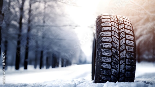 A closeup photo showcasing the intricate tread pattern of a winter tire, emphasizing the specialized design for enhanced grip and safety while driving on snowy and icy roads during winter conditions. © TensorSpark