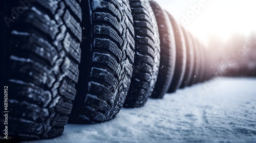 A closeup photo showcasing the intricate tread pattern of a winter tire, emphasizing the specialized design for enhanced grip and safety while driving on snowy and icy roads during winter conditions. © TensorSpark