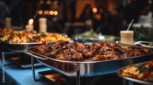 Catering buffet food in restaurant with grilled meat. Buffet service for any festive event.