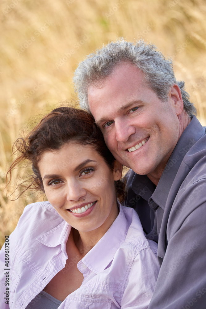 Mature, couple and portrait of hug on holiday, vacation or outdoor in summer morning with nature. Happiness, woman and man with love, respect or gratitude for marriage or smile together in grass Mature, couple and portrait of hug on holiday, vacation or outdoor in summer morning with nature. Happiness, woman and man with love, respect or gratitude for marriage or smile together in grass